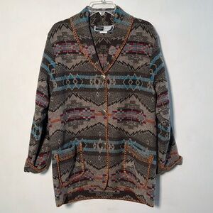 RHONDA STARK Southwest Aztec Wool Cabin/Cottage Silver Button Blanket Coat M